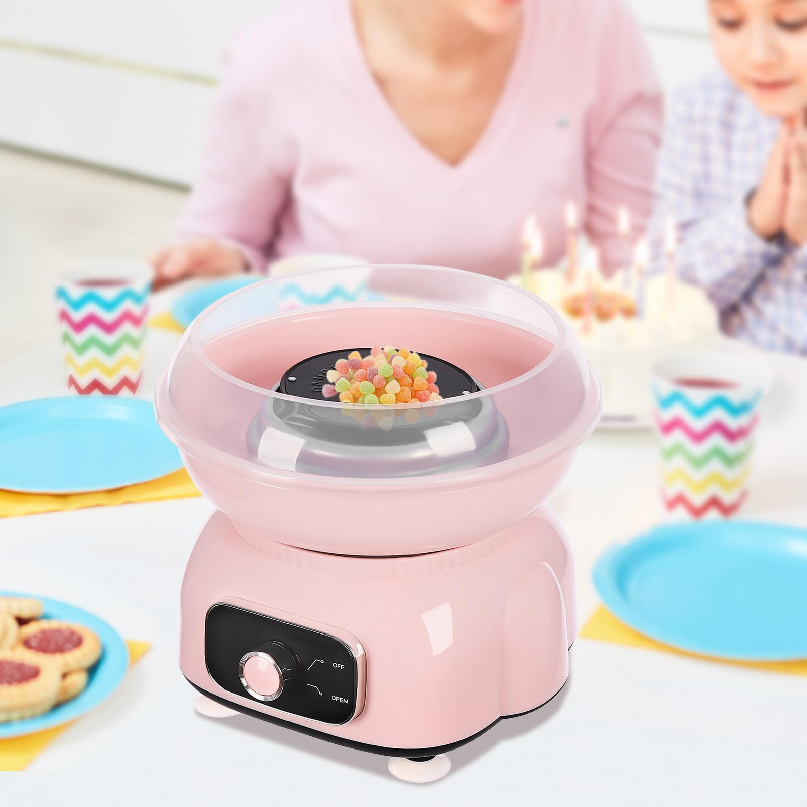 Maszyna do waty cukrowej o mocy 500 W, z 10 bambusowymi patyczkami, urządzenie do brody cukrowej, dla dzieci, na przyjęcia urodzinowe, święta, imprezy świąteczne (różowa)
