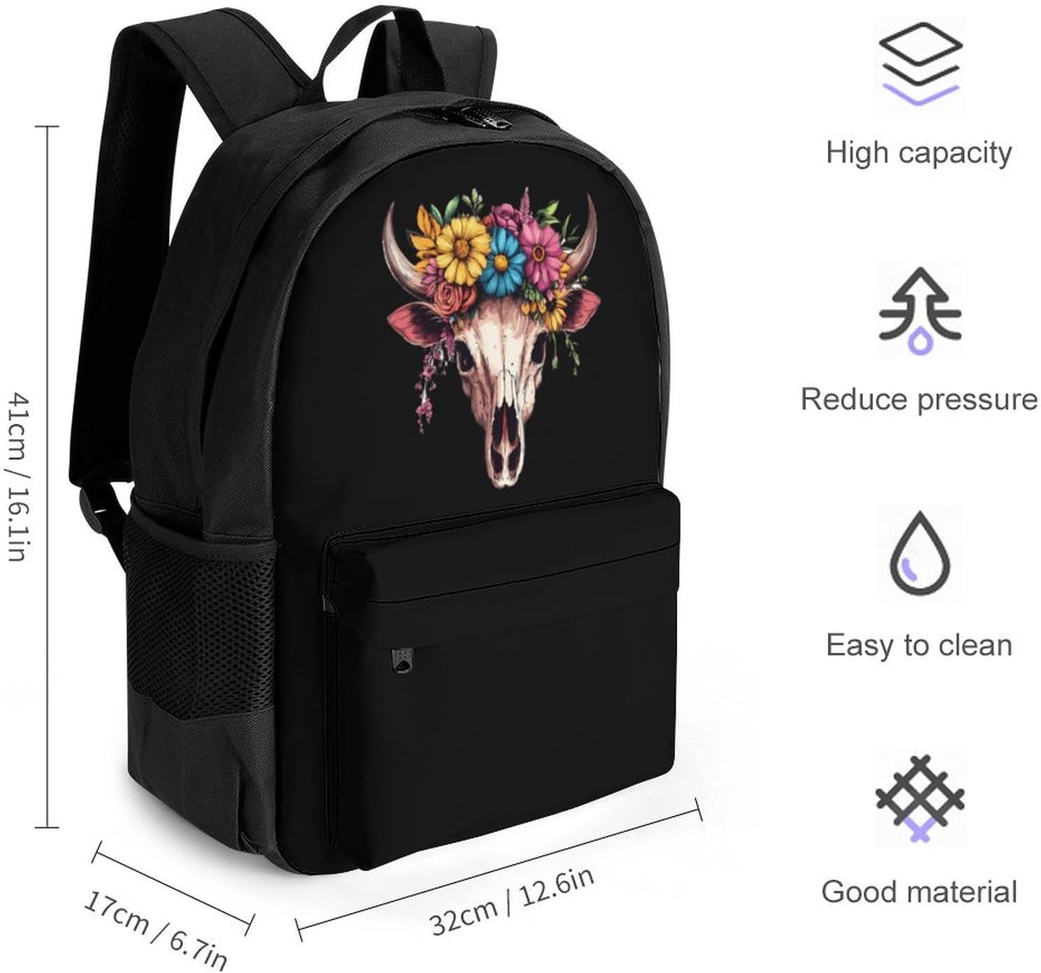 Cow Skull Flowers Laptop Backpack for Men Women Fashion Computer Bag Business Travel Daypack