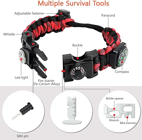 Miniatura 28 de Kit de equipo ajustable de pulsera de paracaídas de supervivencia 20 en 1 con luz LED SOS, iniciador de fuego, brújula más grande, silbato de Camo