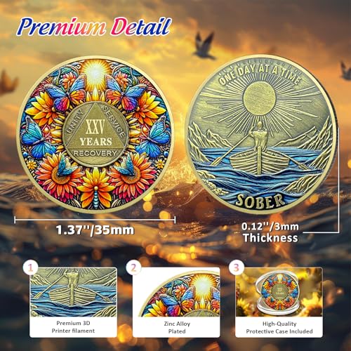 Image of Delicate Sunflower 25 Year Sobriety Coin - 25 Year Recovery Butterfly AA Coins - One Day at A Time NA HA AA Chips and Medallions - 1-40 Years Living Clean Alcoholics Anonymous Gifts for Men Women