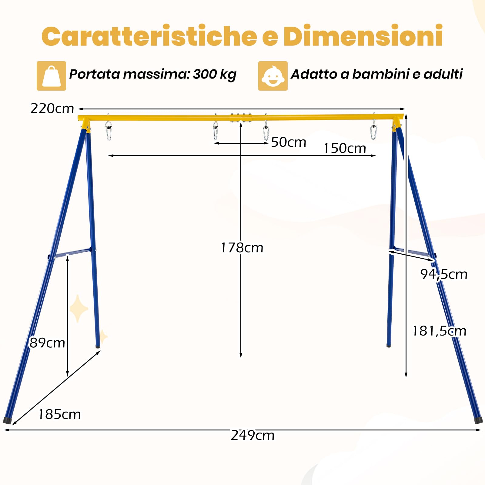 RELAX4LIFE Struttura per Altalena Doppia da Giardino con Portante 300kg, 2 Posti da Appendere, per Bambini e Adulti, Gioco Interno/Esterno, 4 Picchetti, Copripiedi e Moschettoni, Giallo e Blu