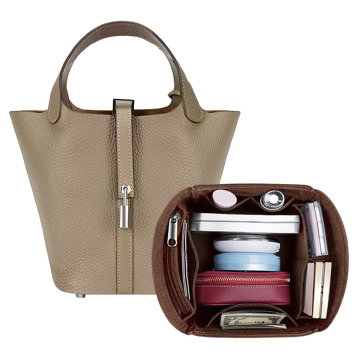 SMART DKPurse Organizer Insert for Handbags,Felt Bag Organizers Fit Picotin 18/22/26 Bags (Brown, P22)