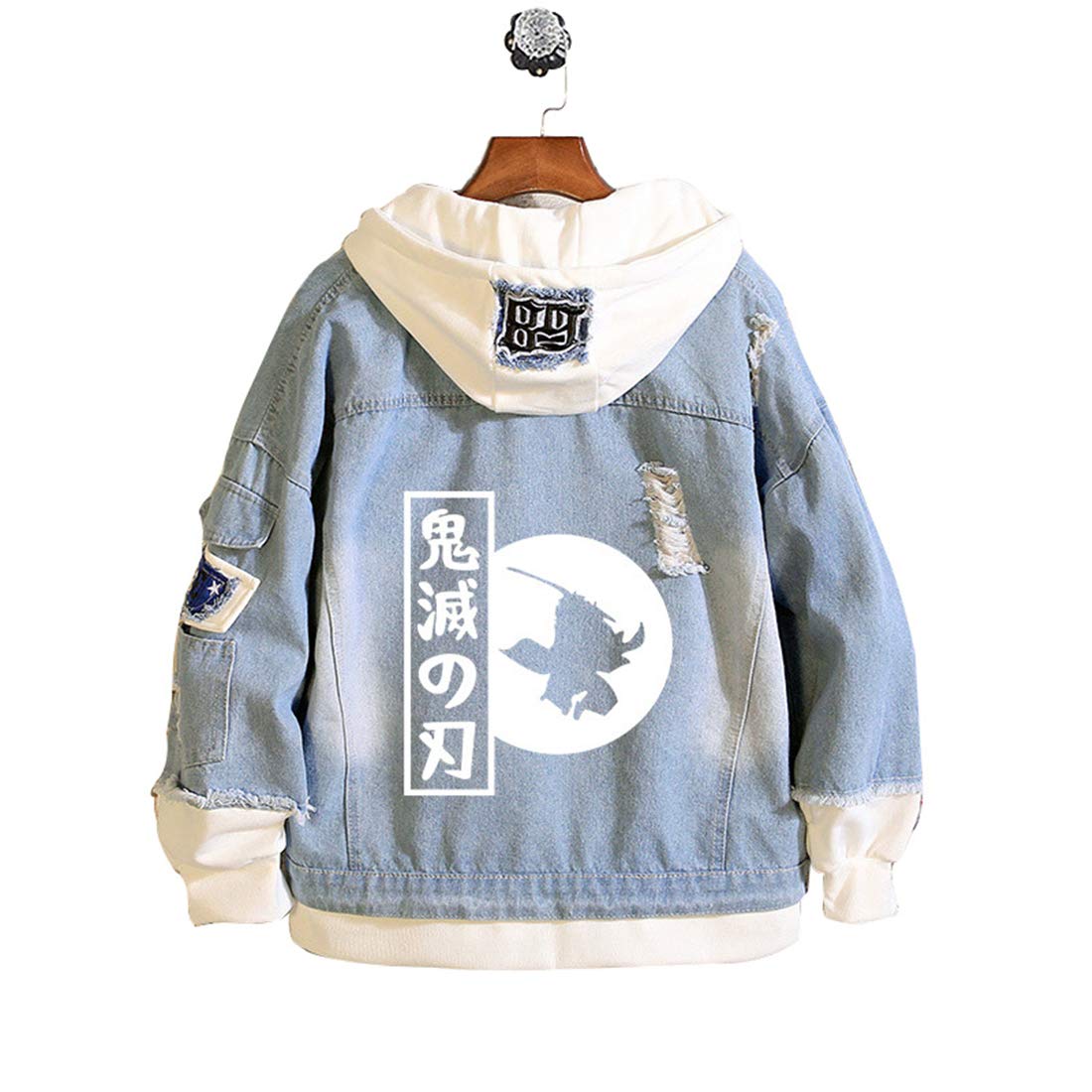 YUESUOUnisex Demon Casual Printed Anime Hooded Button Denim Jacket for Men and Women