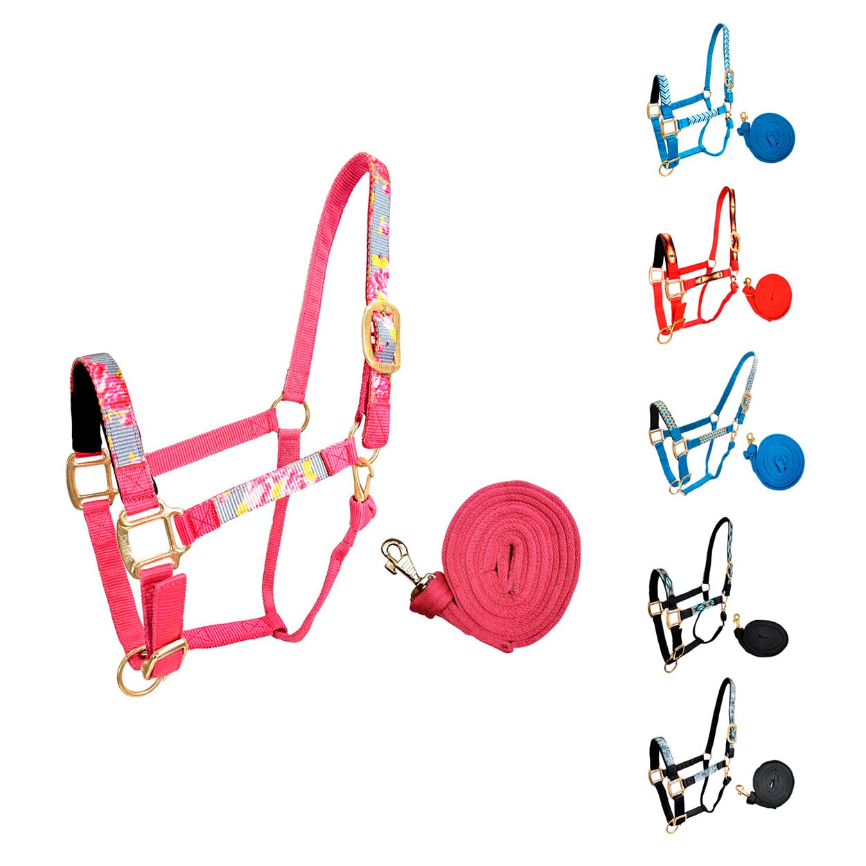 Tahoe Tack Patterned Nylon Adjustable Horse Halters with Padded Noseband and Matching 10’ Soft Grip Lead Rope with one Year Warranty