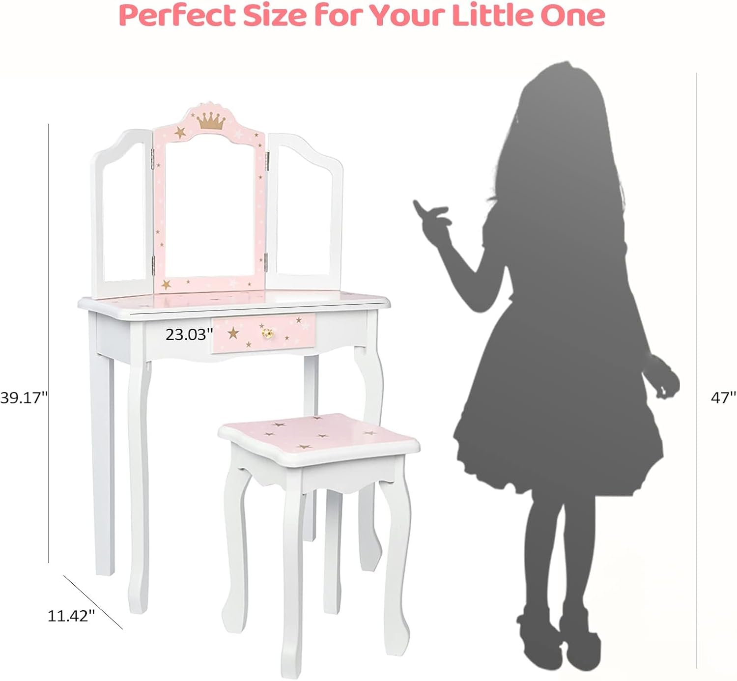 JOYMOR Kids Vanity, 2-in-1 Girls Vanity, Tri-Folding Mirror & Large Drawer, Solid Wooden Legs, Beauty Make Up Dressing Vanity Set, Kids Vanity with Mirror Age 4-9 (Pink)