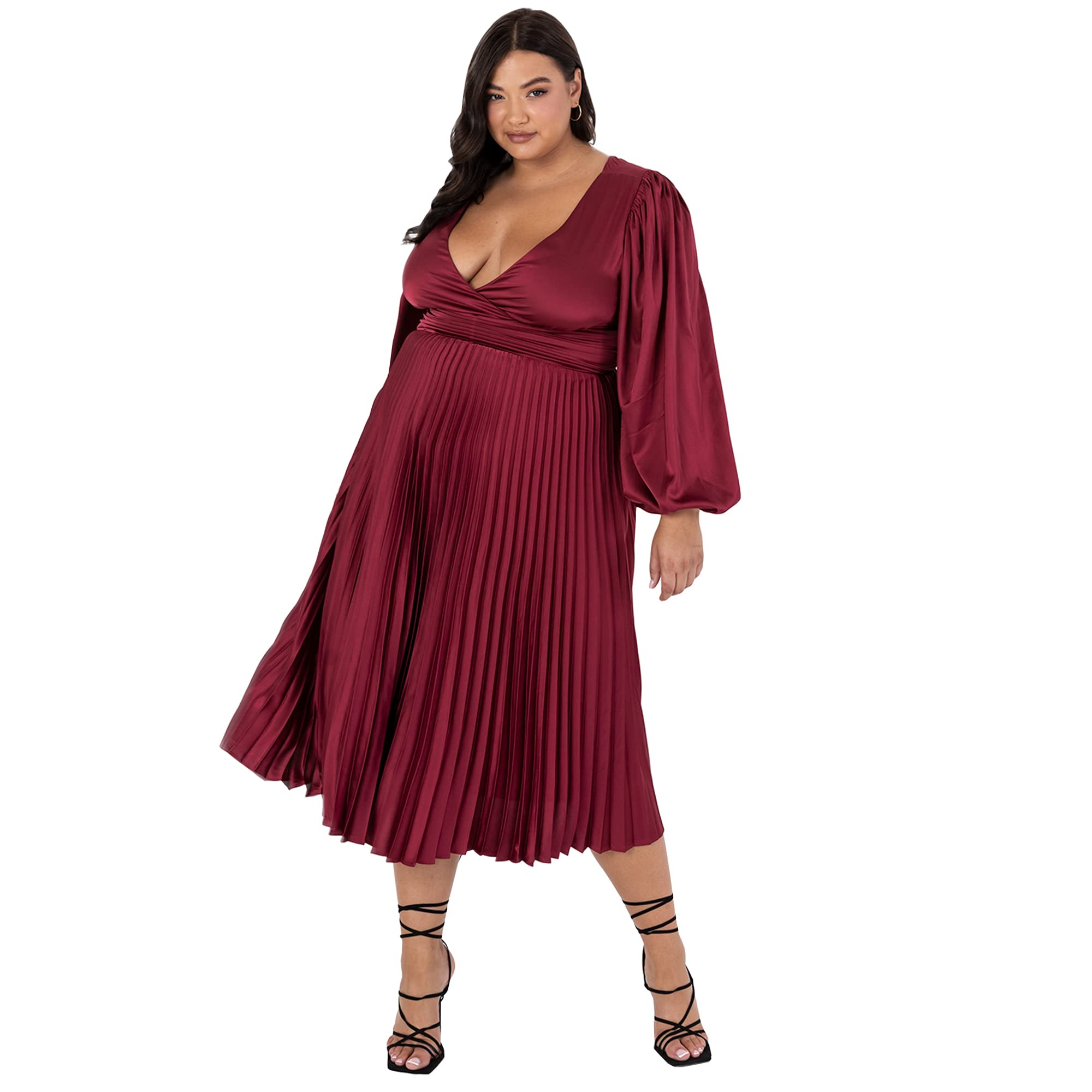 Lovedrobe Womens Pleated Midaxi Ladies Evening Gown V Neckline Back Keyhole Long Sleeve Bishop Satin A Line Dress, Red, 18 UK