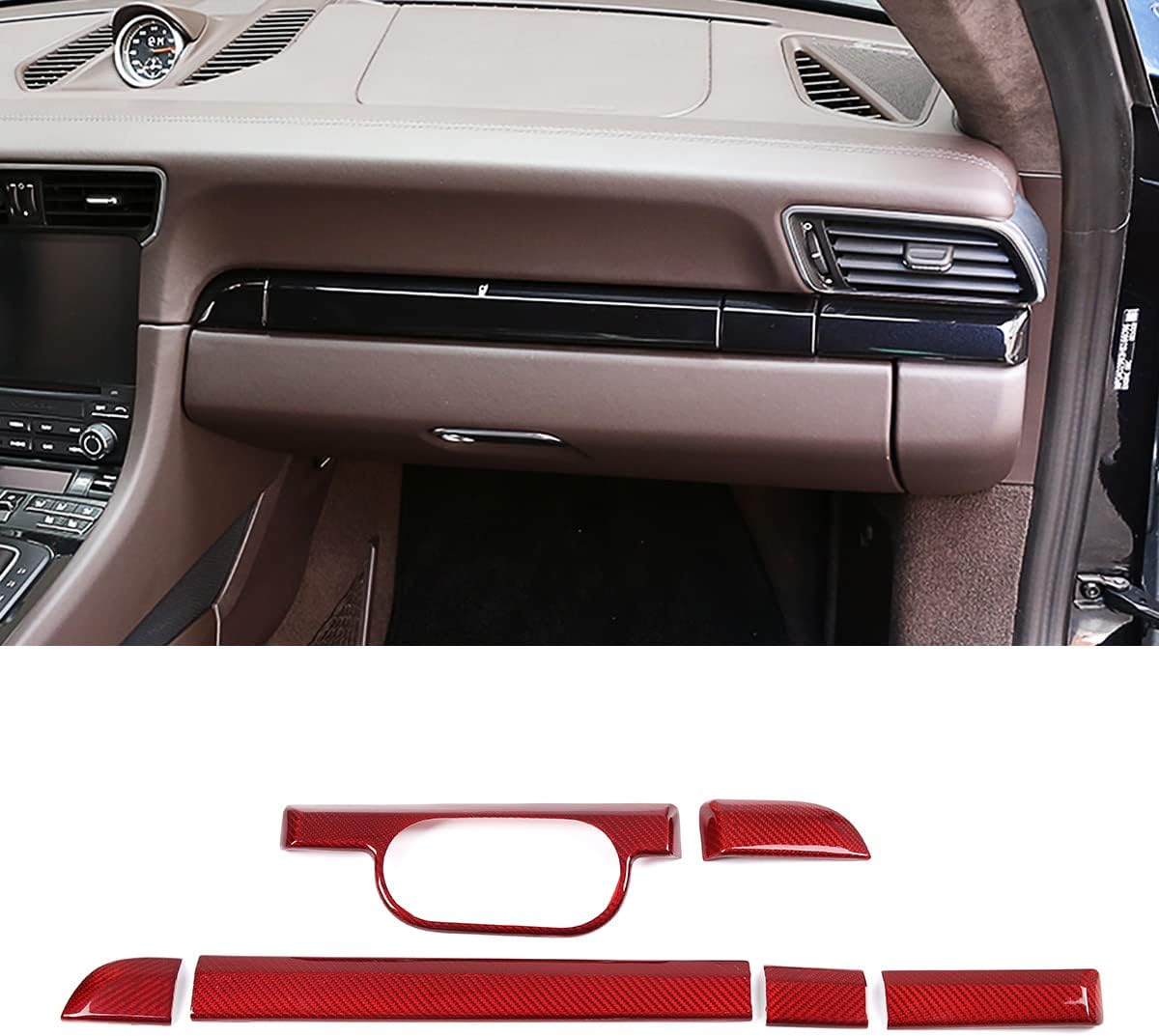 for Porsche 981 911 718 2016-2019 Boxster Cayman Real Carbon Fiber Central Control Instrument Panel Trim Panel Cover Car Interior Accessories LHD (Carbon Fiber Red)