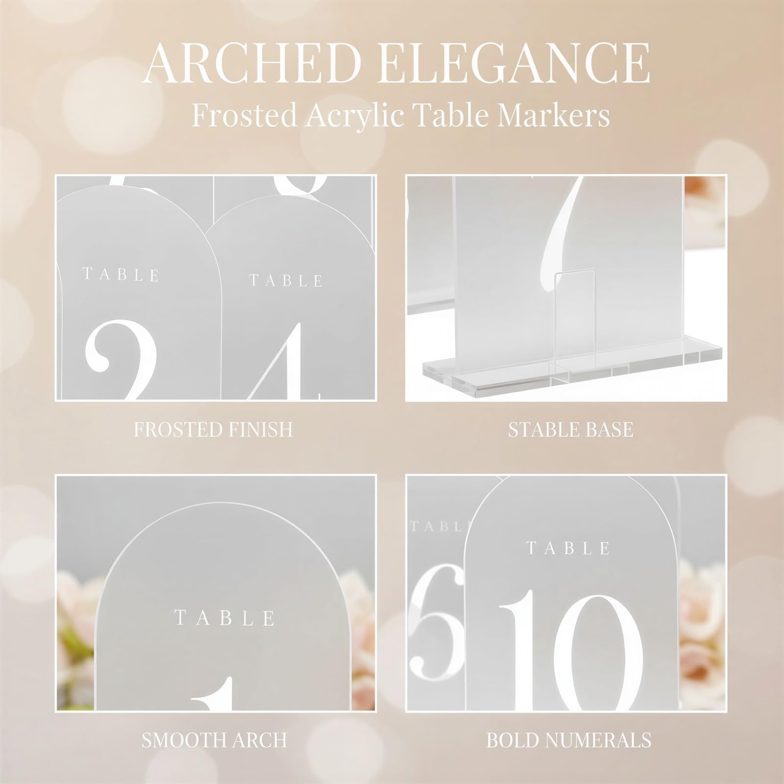 10 Stk. Frosted Arch Tischnummern für Hochzeitsempfang, Acryl Tischnummern 1 bis 10 mit Ständer, matte Bogen Acryl Schilder und Tischnummernhalter für Partys, Bankette und Feiern