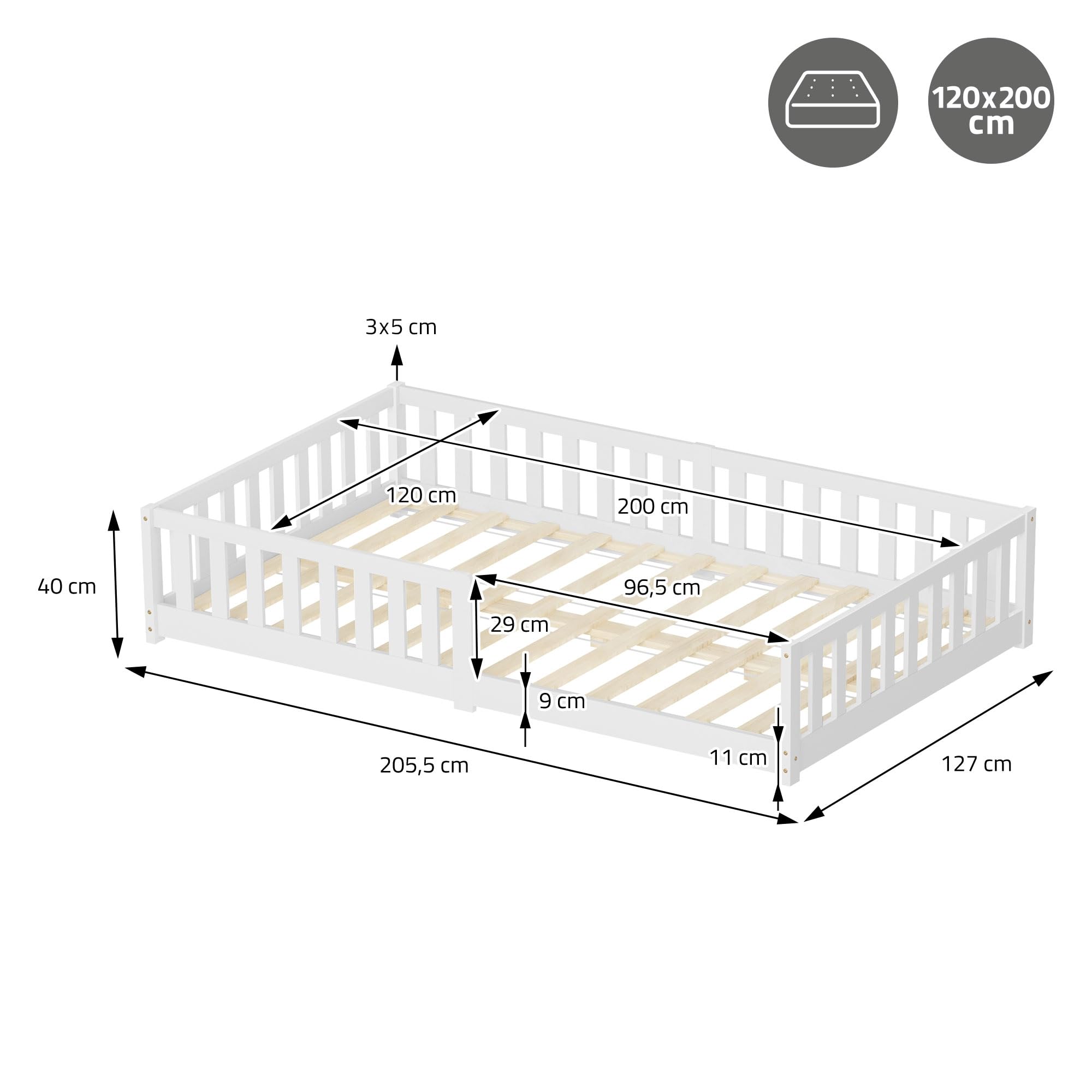 ML-Design Cama de Suelo Infantil 120x200cm con Colchón 16cm Blanca Madera Maciza de Pino Somier de Láminas y Protección Anticaída Cuna Doble para Niños y Bebés Mobiliario para Habitación Juvenil