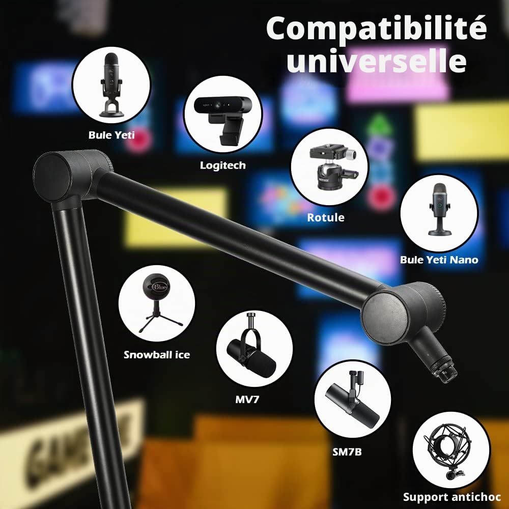BOMGE Support de micro réglable et robuste avec canaux de gestion des câbles, pince de bureau pour balados, streaming, jeux, bureau à domicile, enregistrement (noir)