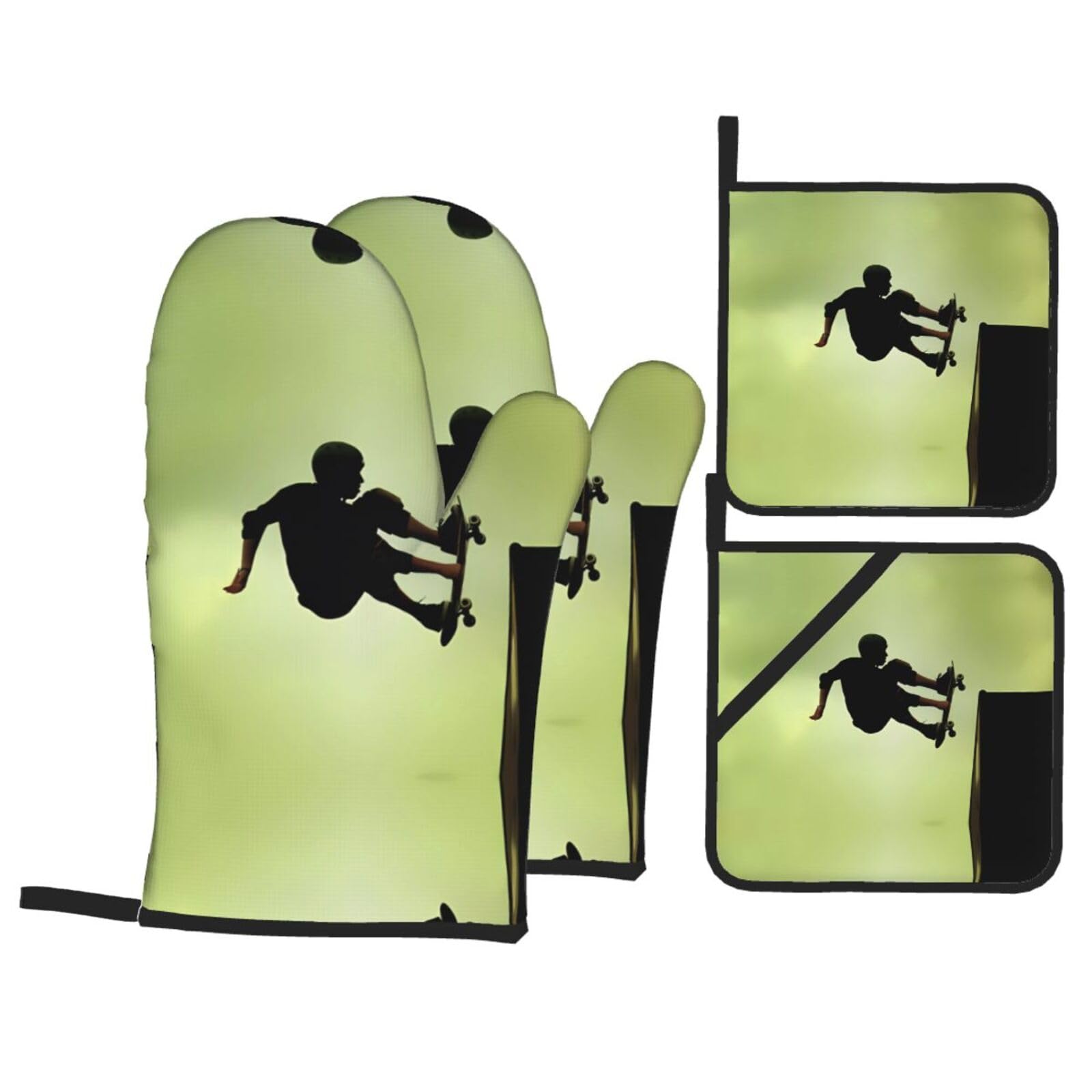 YYHHAOFA Skateboard Prints Kitchen Baking Set with Heat Resistant Pot Holders & Oven Mitts - Waterproof Layers for Cooking, Grilling & Serving, Includes Pocket Layer