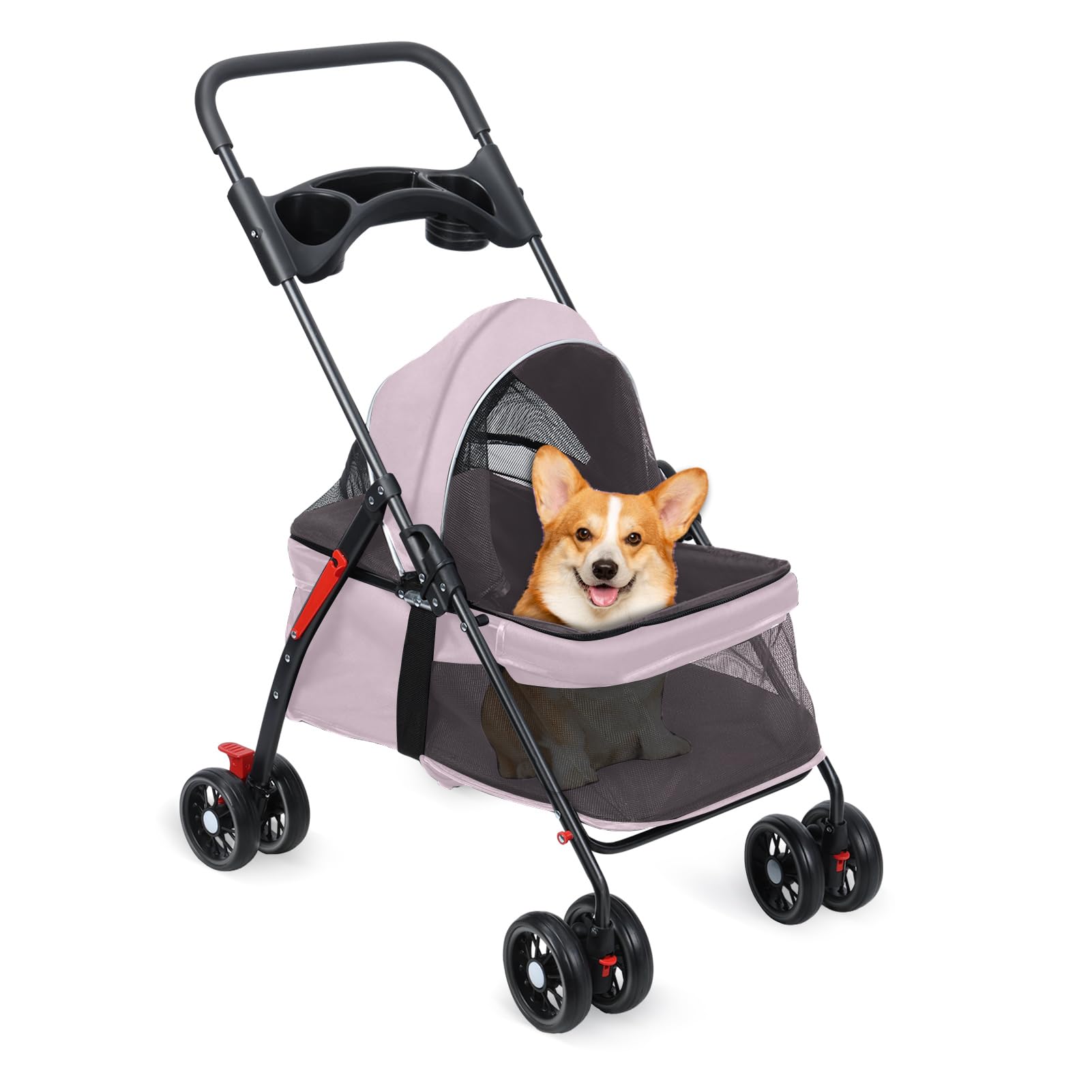 Pet Stroller for Dogs & Cats, Folding Travel Stroller, Cat Jogger Strollers with Wheels, Adjustable Canopy, Large Storage Basket & Visible Mesh, for Small to Medium Pets (Pink)