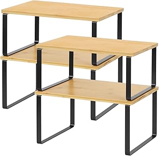 NEX Bamboo Kitchen Cabinet and Counter Shelf Organizer, Stackable & Expandable, Set of 4, Black and Natural