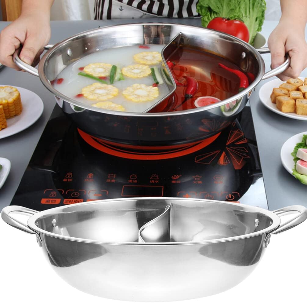Nonstick Frying Pan Double Flavor Hot Pot with Divider Stainless Steel Dual Sided Hot Pot Pan for Induction Cooktop Gas Stove 32cm