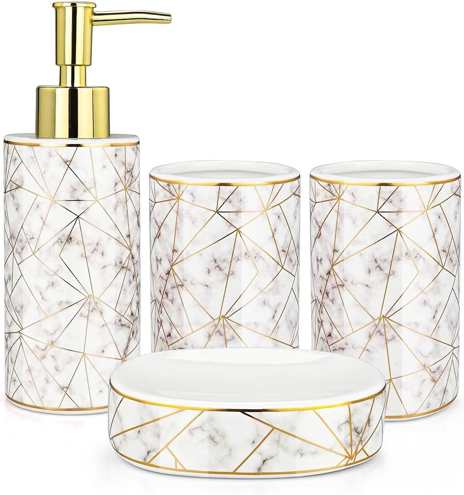 TOMVAESBathroom Accessory Set, 4 Pcs Ceramic Bathroom Set Luxury Marble Bath Accessories Set Bathroom Décor Accessories Toothbrush Holder, Lotion Dispenser, Tumbler, Soap Dish (Gold)