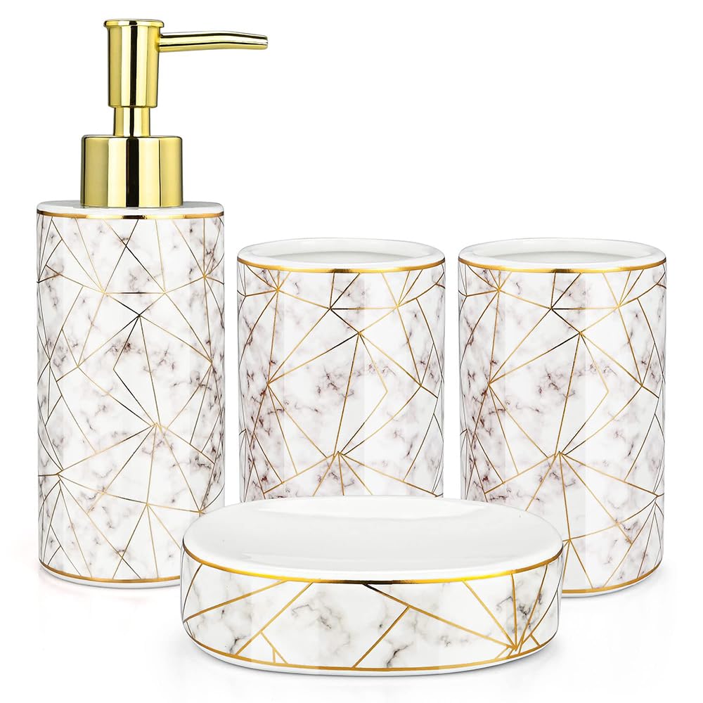 TOMVAESBathroom Accessory Set, 4 Pcs Ceramic Bathroom Set Luxury Marble Bath Accessories Set Bathroom Décor Accessories Toothbrush Holder, Lotion Dispenser, Tumbler, Soap Dish (Gold)