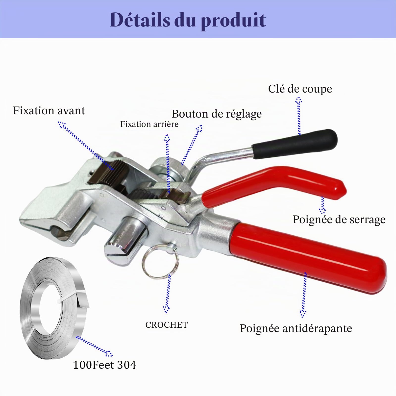 Kit de cerclage de palette en acier - Tendeur et cutter - Avec 100 boucles - 1,9 cm x 30,5 m