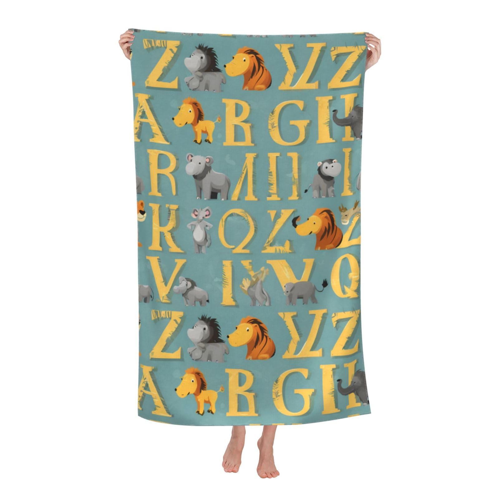 Pojknbv White Zoo Alphabet Animal Print Oversized Adult Beach Towel Quick-Dry Comfortable Lightweight Travel Pool Camping