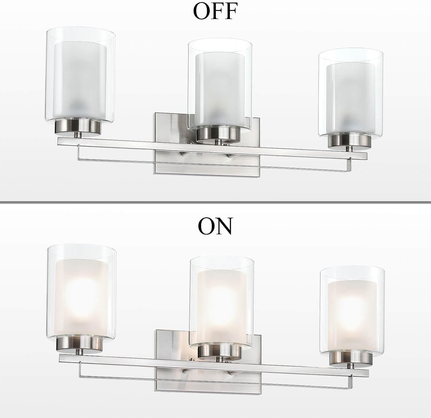 XiNBEi Lighting Wall Light 3 Light Bathroom Vanity Lighting with Dual Glass Shade in Brushed Nickel Indoor Modern Wall Mount Light for Bathroom & Kitchen XB-W1195-3-BN