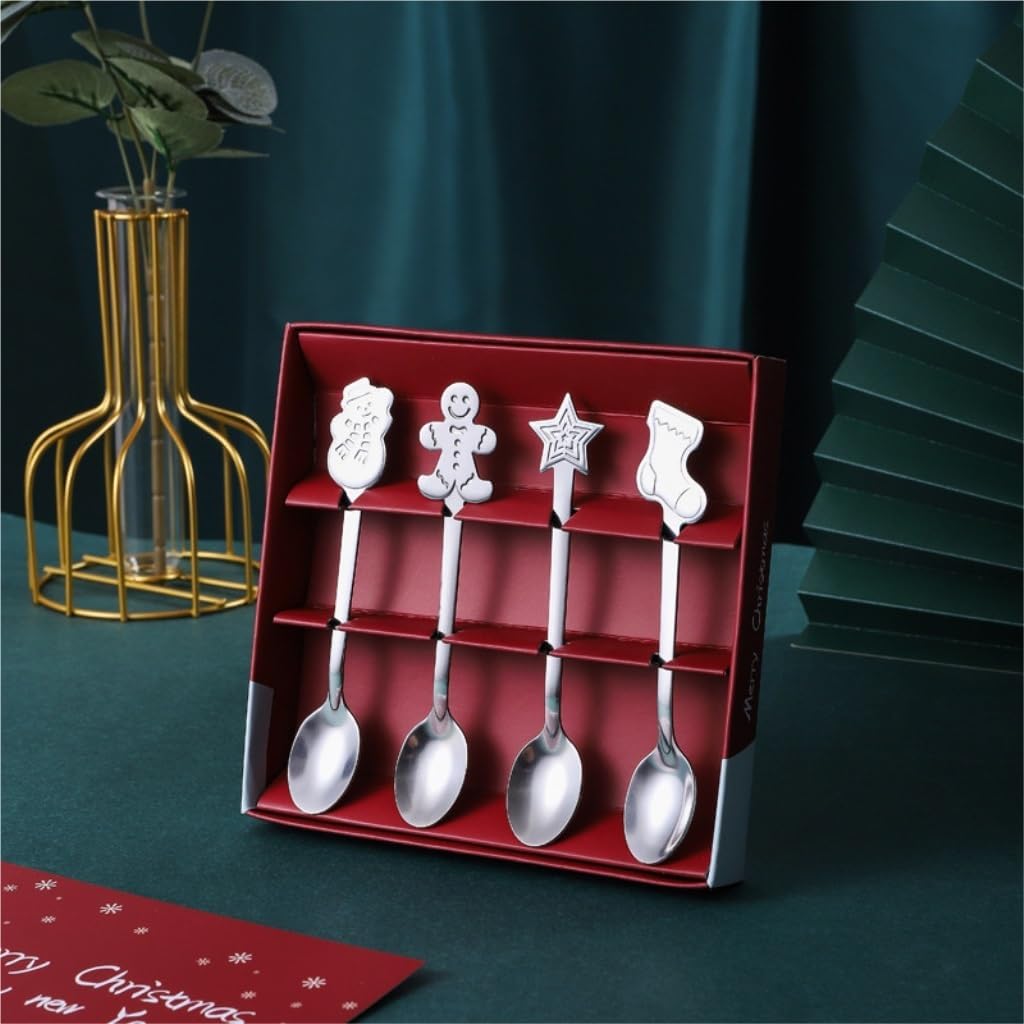 Spoons 4-Pack Stainless Steel Coffee Spoon Creative Set Tableware Dessert Cake Spoon Christmas Coffee Spoon (Color : Multicolor, Size : 15cm*15cm*2.5cm)