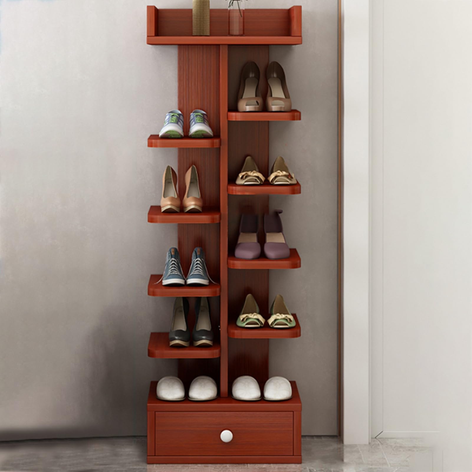 Zapatero Vertical de 5, 6, 7 y 8 Niveles para Entrada y Dormitorio, solución de Almacenamiento de Zapatos Estrecho, Elegante diseño Rojo (113 x 42 cm/44,5 x 16,5 Pulgadas)