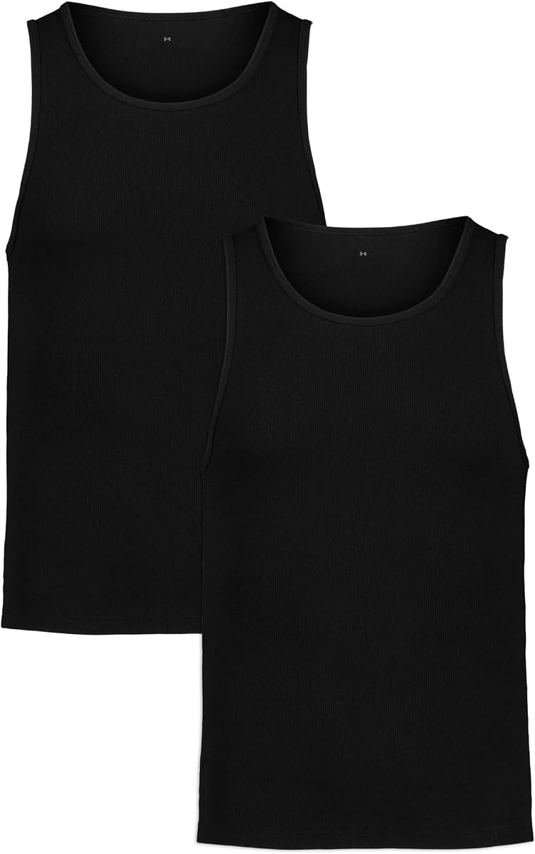 Men's Performance Cotton Rib Tank Top Undershirt, Soft & Breathable 4-Way Stretch Material, 2-Pack