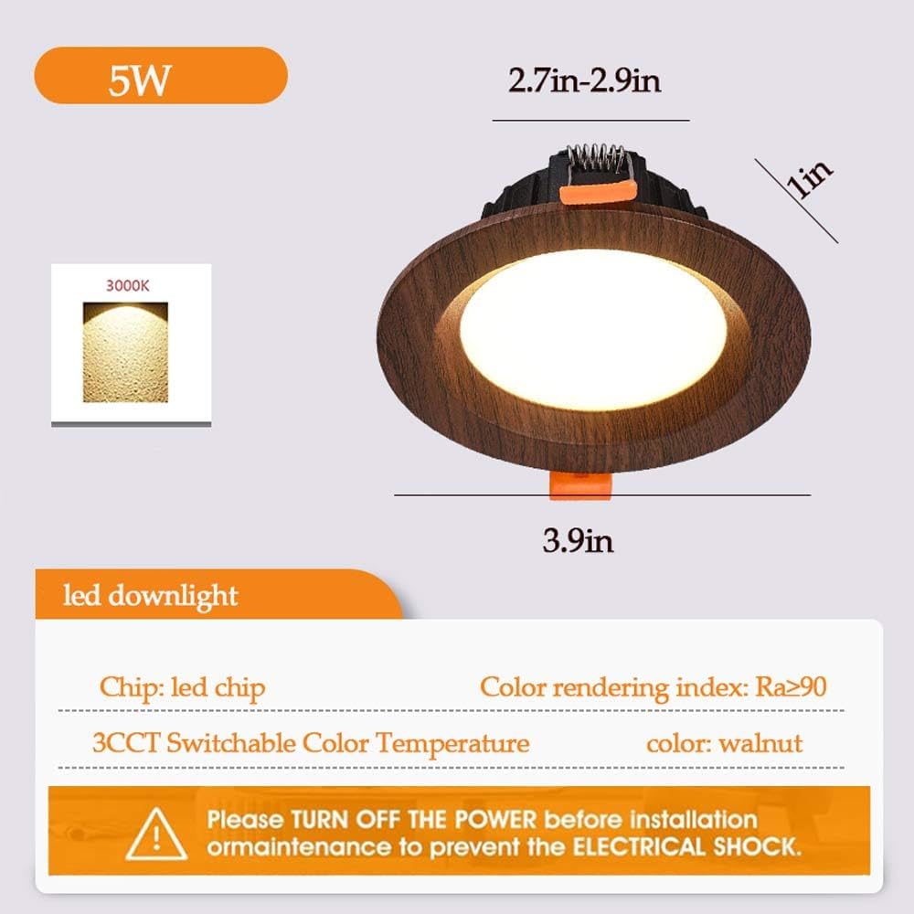 2 Pack LED Recessed Can Retrofit Light 3CCT Switchable Color Temperature 3.9/4.3 inch Walnut Wood Grain Recessed Led Ceiling Lights with Driver Flat Baffle Walnut Trim