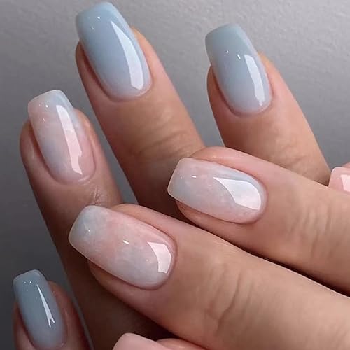 Puntas de uñas de mármol, uñas postizas cortas estilo ataúd, uñas postizas degradadas a presión, cobertura completa, color nude, lindas uñas