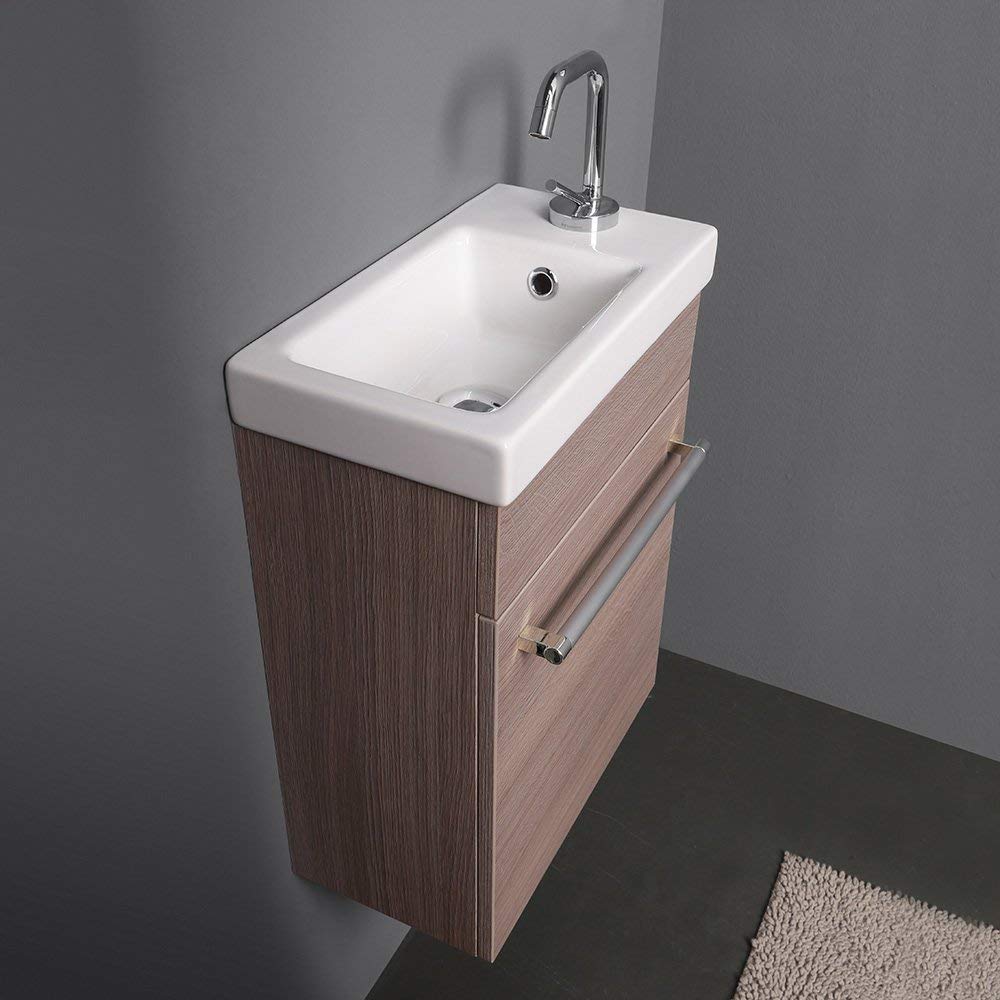 Kiamami Valentina Mobile Bagno Sospeso Salvaspazio Rovere Fumo Smart | Base 42,5x22,5x55,6 cm, lavabo ceramica reversibile, specchio con mensola, ideale per bagni piccoli