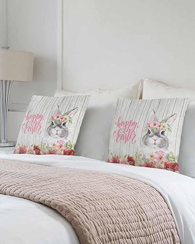 Miniatura 3 de MAIANNE Pack of 2 Cotton Throw Pillow Covers, Easter Bunny Flowers Spring Wood Grain Soft Square Pillow Covers Home Decoration Pillowcases for