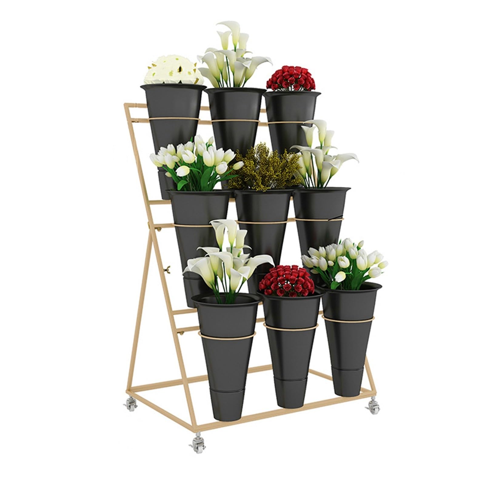 YUANCHUTOP 3-Tier Metal Flower Display Stand with 9 Pots & 4 Lockable Wheels - Mobile Plant Cart for Indoor/Outdoor Use, Ideal for Gardens, Florists & Bouquets, Versatile Floral Organizer