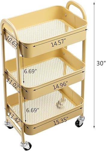 Miniatura 3 de AGTEK Carrito de maquillaje, carrito organizador movible con ruedas, carrito de metal de 3 niveles amarillo caqui