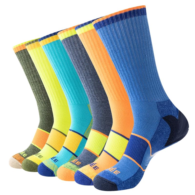 JOYNÉE Mens Crew Full Cushion Athletic Running Socks with Moisture Wicking Mid-Calf Casual Socks 6 Pack