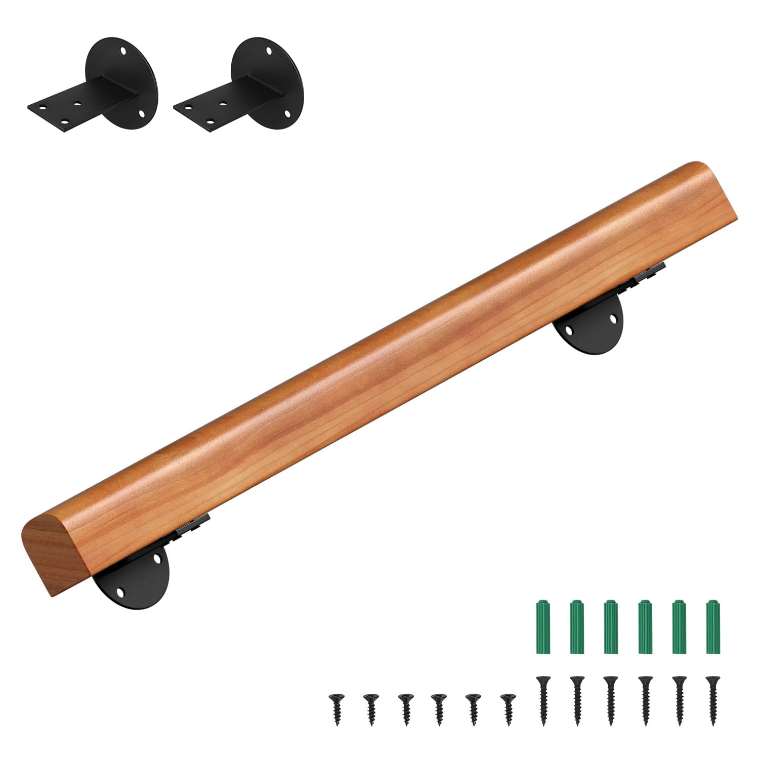 Pasamanos de madera de pino, 80 cm, pasamanos montados en la pared, madera semicircular, pasamanos de madera antideslizante con soportes de pared, material de montaje, nogal claro