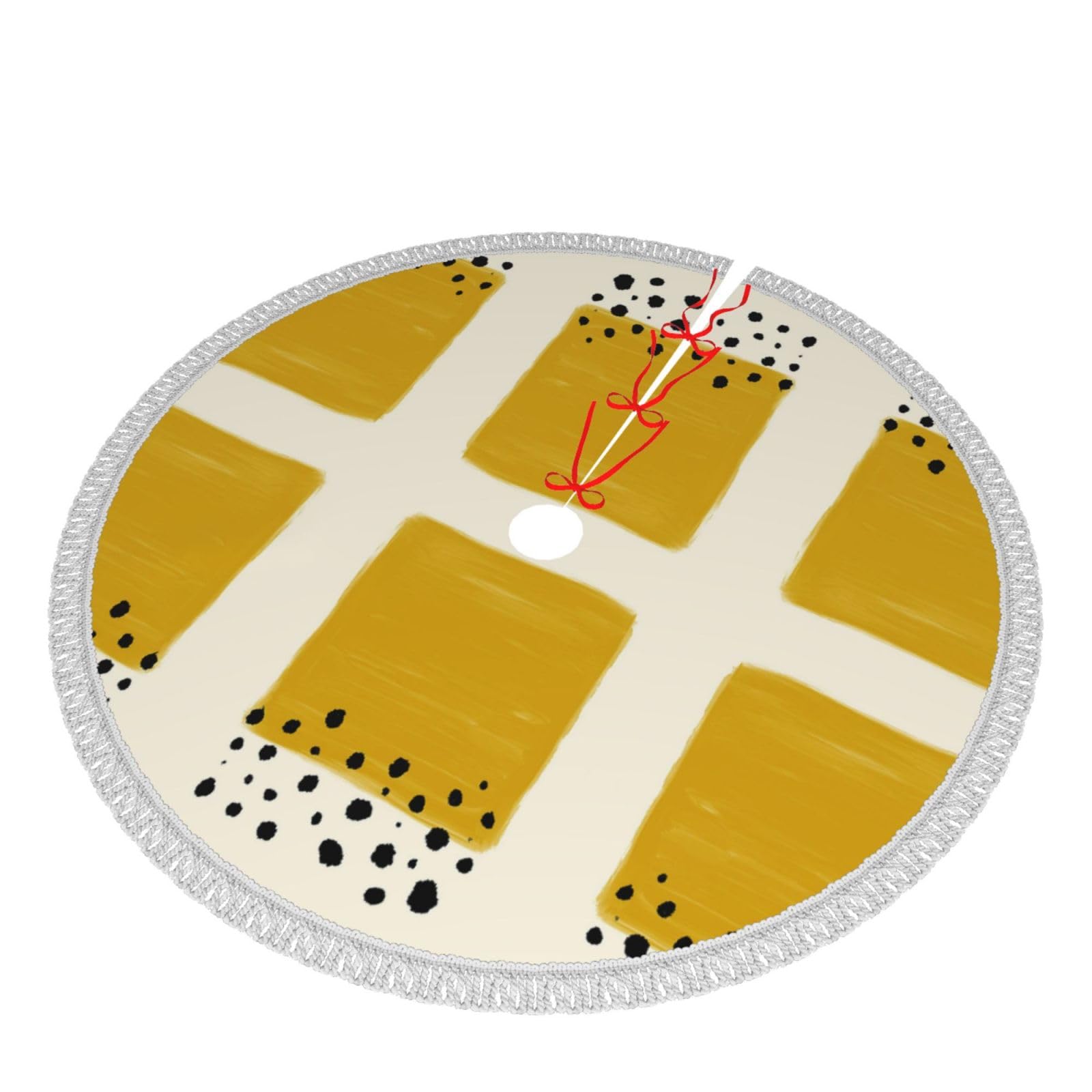 Senfgelbe und schwarze Weihnachtsbaumdecke, Weihnachtsbaummatte, bedruckte Polyester-Quaste, Weihnachtsdekoration