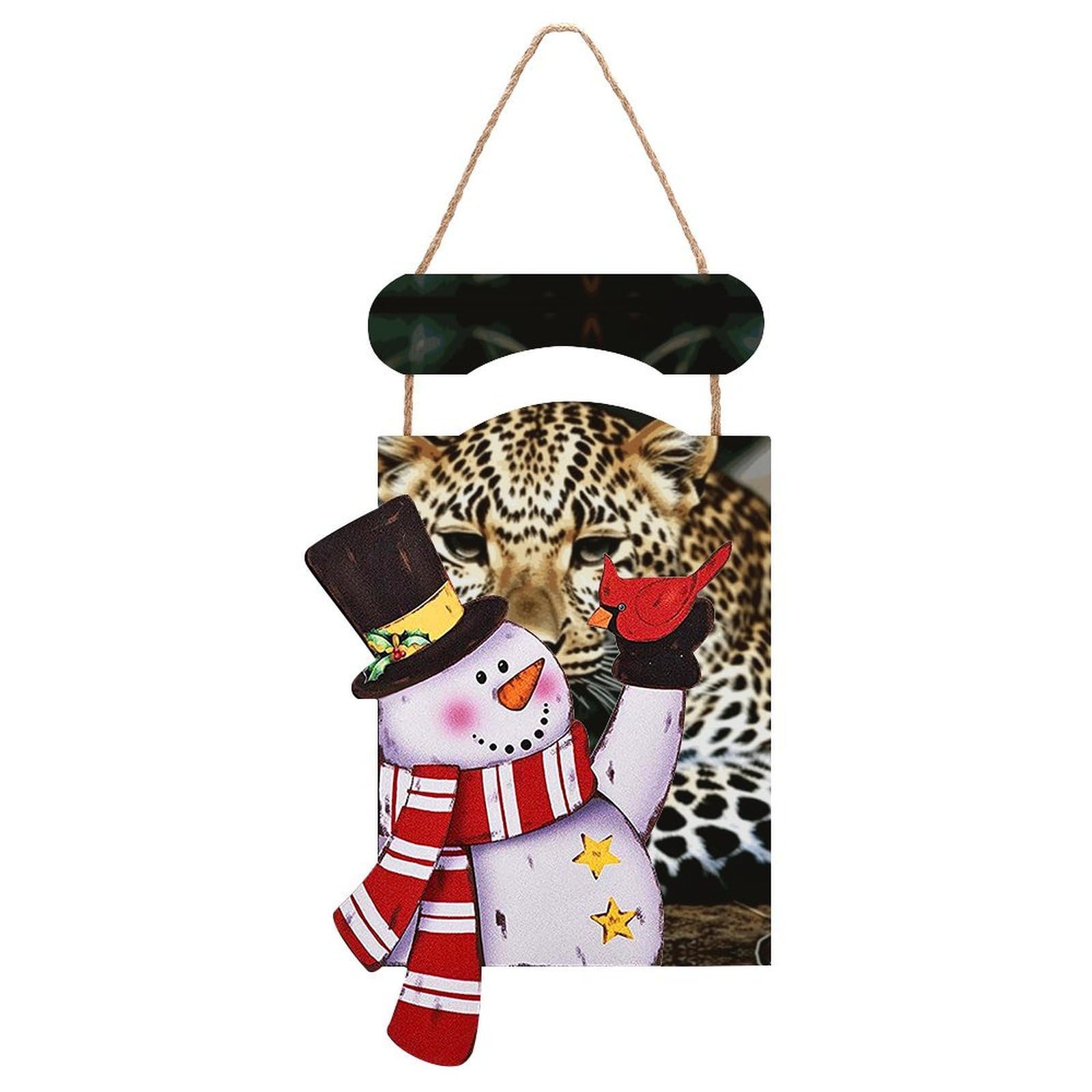 Leopard Snowman Sign Wooden Hanging Door Sign Christmas Door Decor Christmas Snowman Wooden Hanging Sign Wall Art for Indoor Outdoor Porch Wall