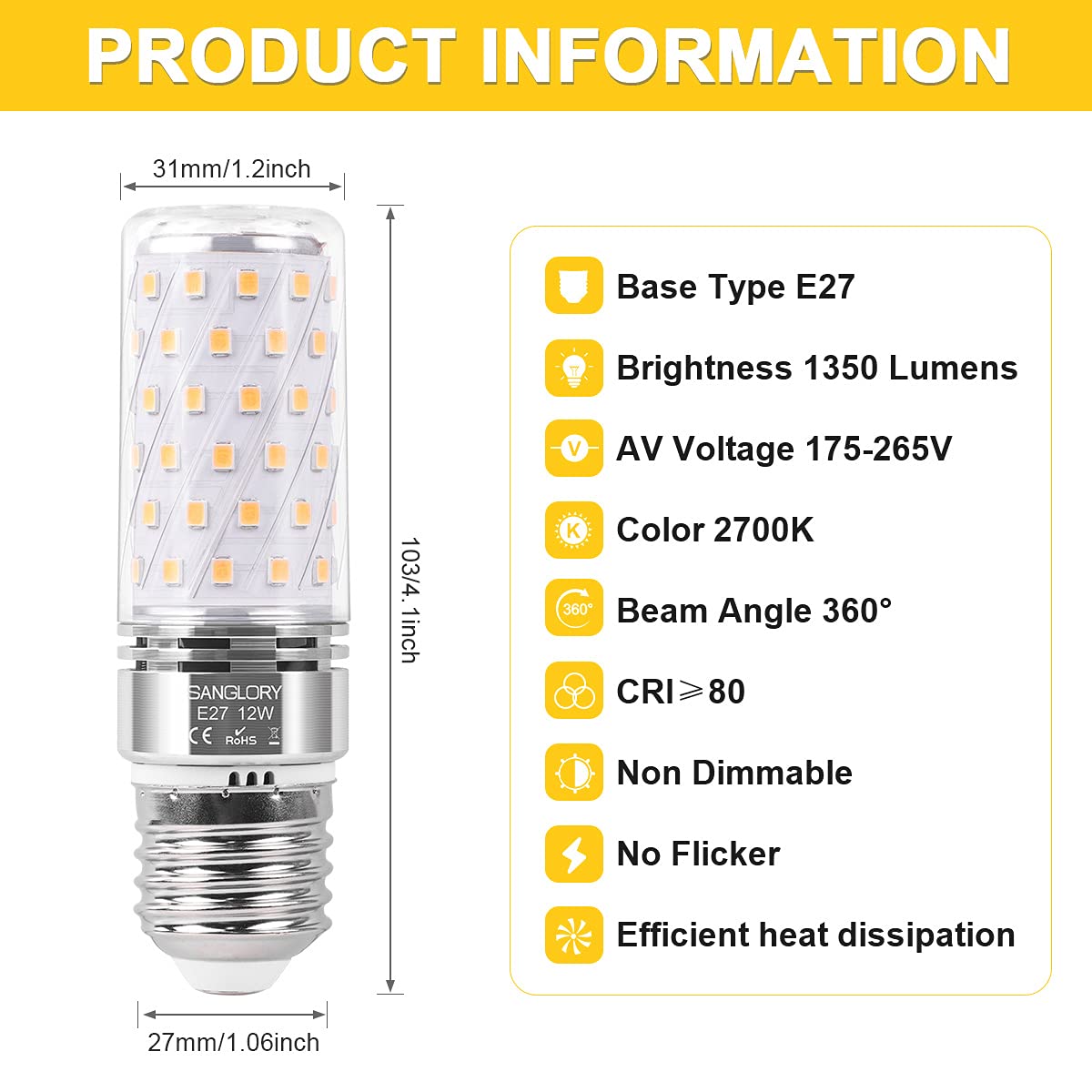 SanGlory Lampadine LED E27 Luce Calda, 12W equivalente a 100W Incandescenza, Bianco Calda 2700K Lampadina Mais E27, Non Dimmerabile Nessun Sfarfallio Risparmio Energetico Lampade, Pacco da 4