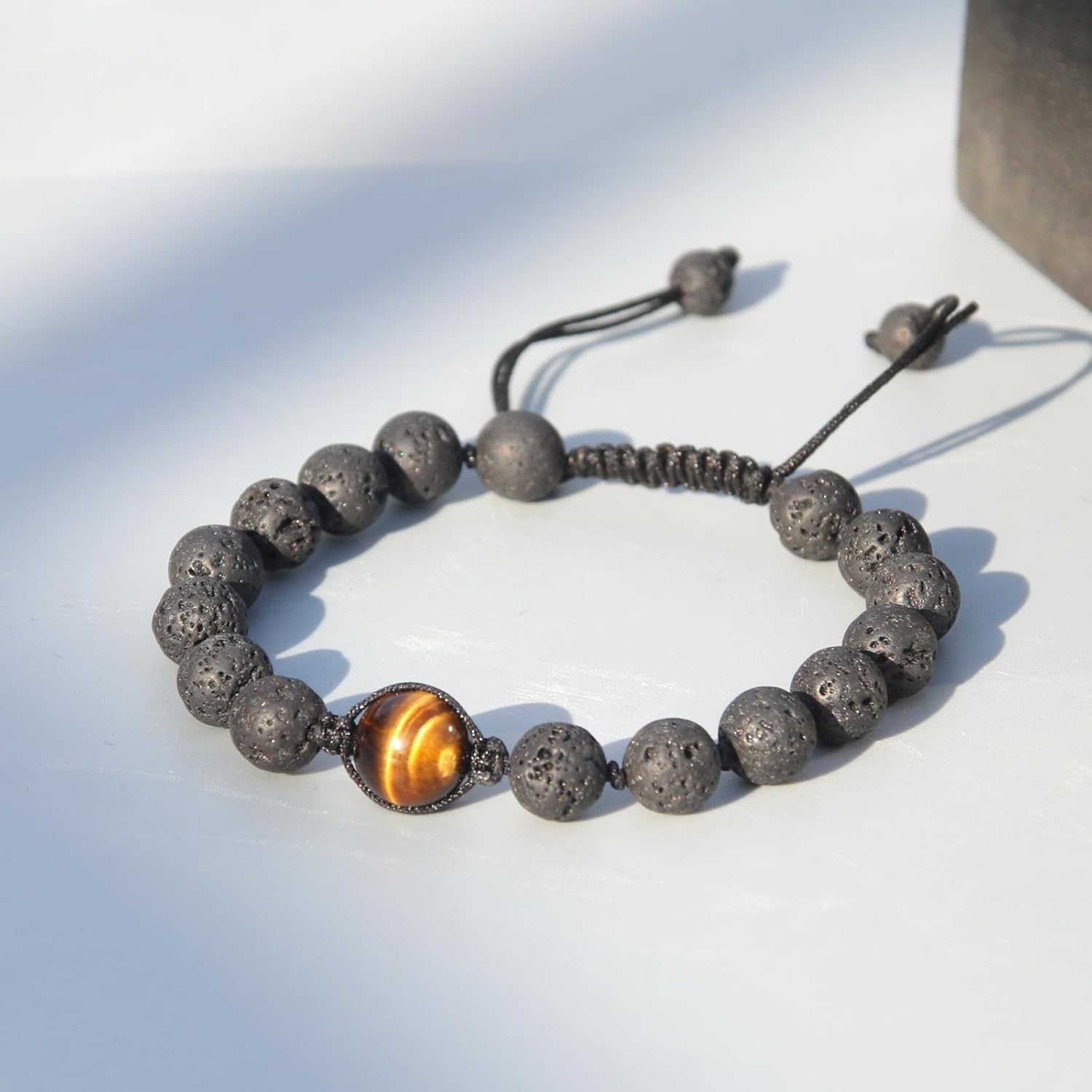 Tiger Eye Lava Stone Beaded Bracelets for Men - Onesmek Healing Crystal Tigers Eye Lava Rock Beads Bracelet for Essential Oil Diffuser, Handmade Gemstone Bead Bracelet Gifts for Stress Relief - Image 3