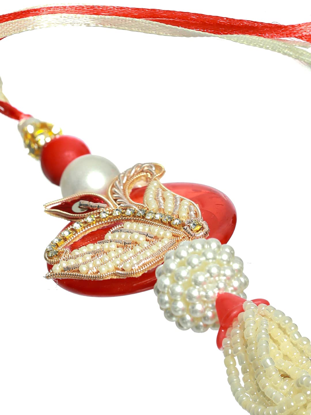 Priyaasi Rakshabandhan Red Beaded Fancy Lamba and Rakhi Set with Roli Chawal, Greeting Card for Bhaiya-Bhabhi, Bhai, Brother, Men - Traditional Stylish Rakhi (Set of 2) - Image 4 thumbnail
