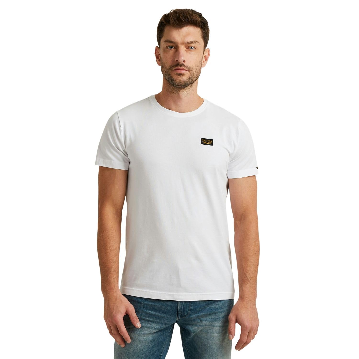 PME Legend Herren Rundhals T-Shirt Cold DYE Regular Fit Schwarz Weiss Grün Blau, Größe:L, Farbe:Bright White 7003