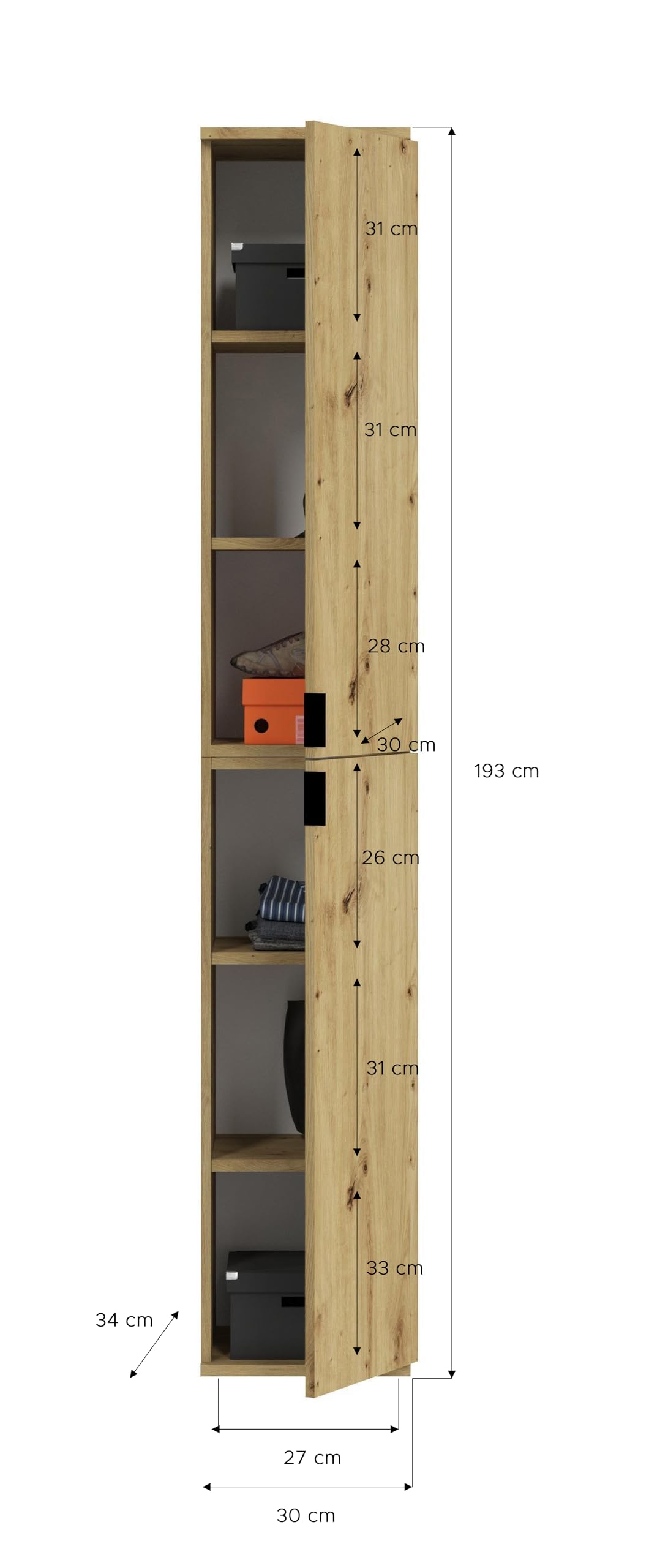 xonox.home - Hochschrank Projekt X 30x193x34 cm in Artisan Eiche Nachbildung - Flurschrank Möbelstück Garderobenschrank - modern platzsparend und funktional einfache Montage