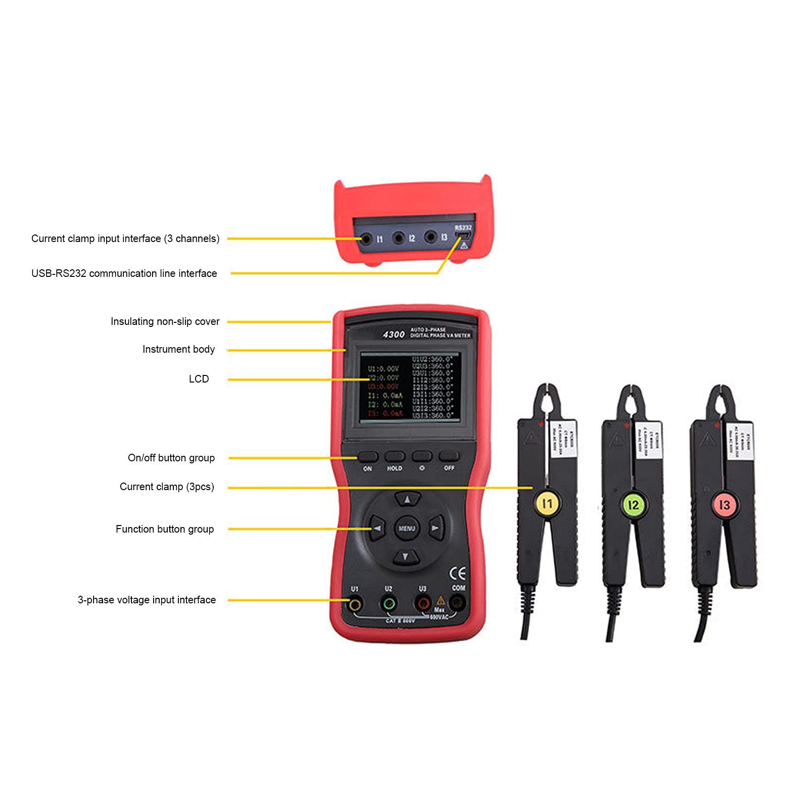 Testeur de séquence de phases AC 0-600 V 0-20 A avec exportation de données USB, voltmètre triphasé pour câblage de transformateur et systèmes de protection de bus