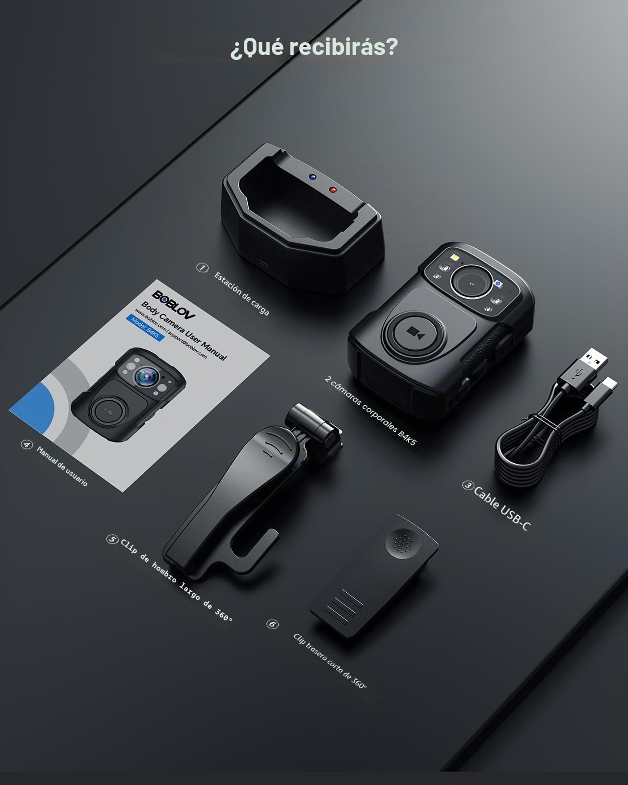 BOBLOV B4K5 Cámara Corporal 128G 4K, 3400 mAh, IP68, Impermeable, GPS, para policía, grabación de Video de 11 Horas, Base de Carga, visión Nocturna para Personal, Guardias Civiles (128GB)