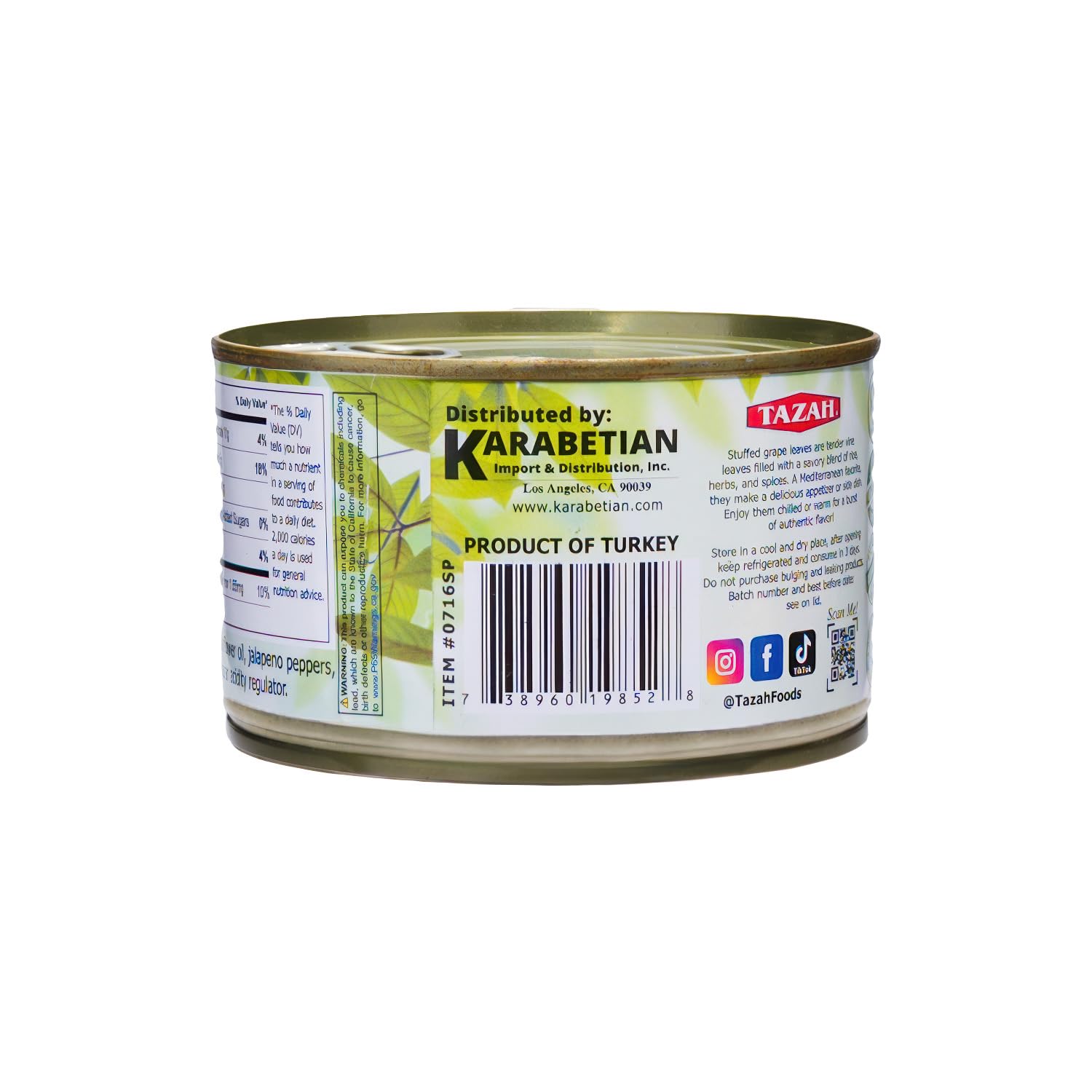 TAZAH Stuffed Vine Leaves with Jalapeno (Spicy Dolmas), Vegetarian Rice & Herb Stuffed Grape Leaves, Ready to Eat, Easy-Open Can, 14.1 oz (400 g)