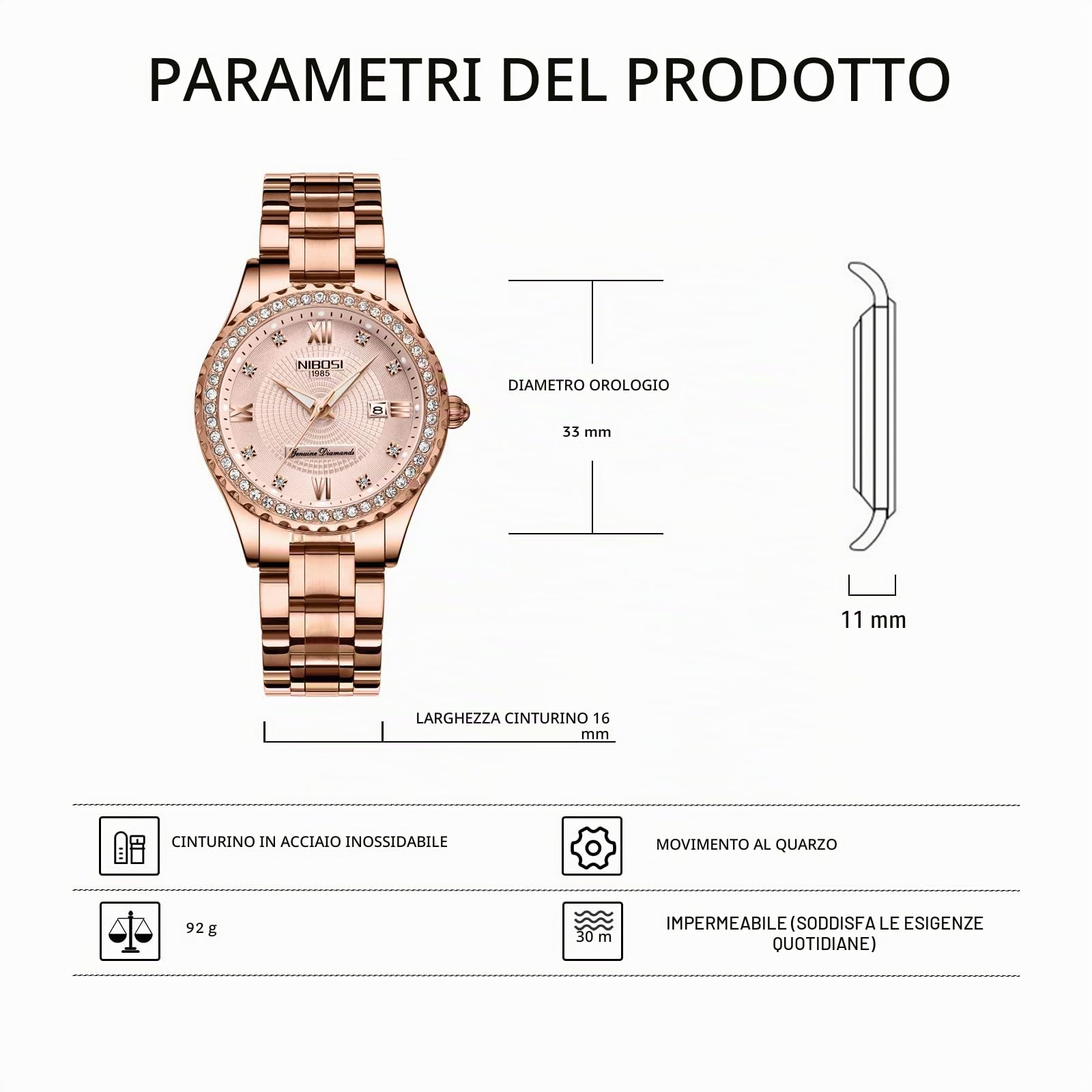 NIBOSI Orologio da polso da donna analogico al quarzo quadrante in oro rosa lussuoso orologio impermeabile diamante orologio da polso in acciaio inox per donna data automatica