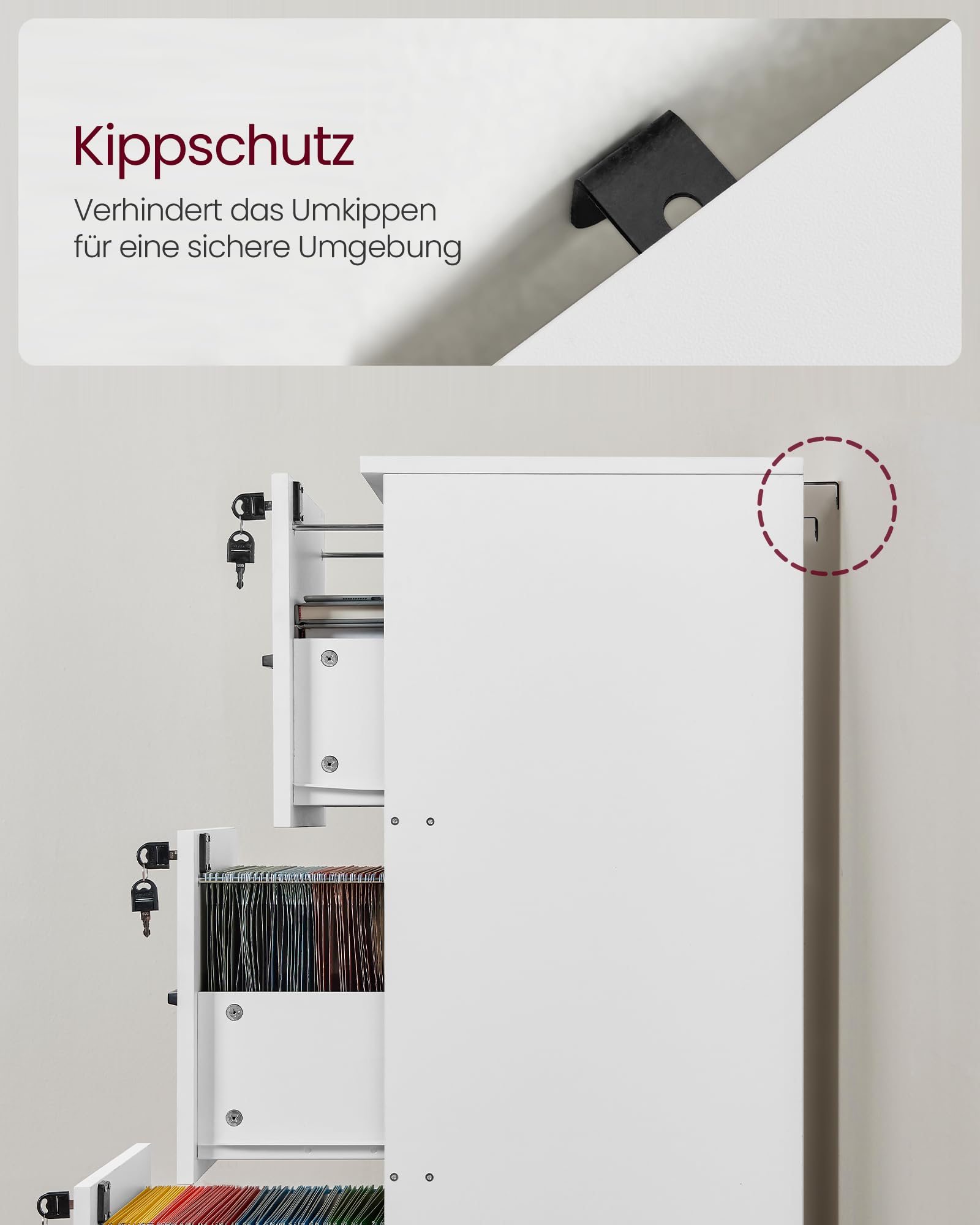VASAGLE Custos Kollektion - Aktenschrank, Büroschrank für Homeoffice, Druckerständer, mit 3 abschließbaren Schubladen, verstellbare Hängestangen, für A4- und Letter-Formate, wolkenweiß OFC055WB01