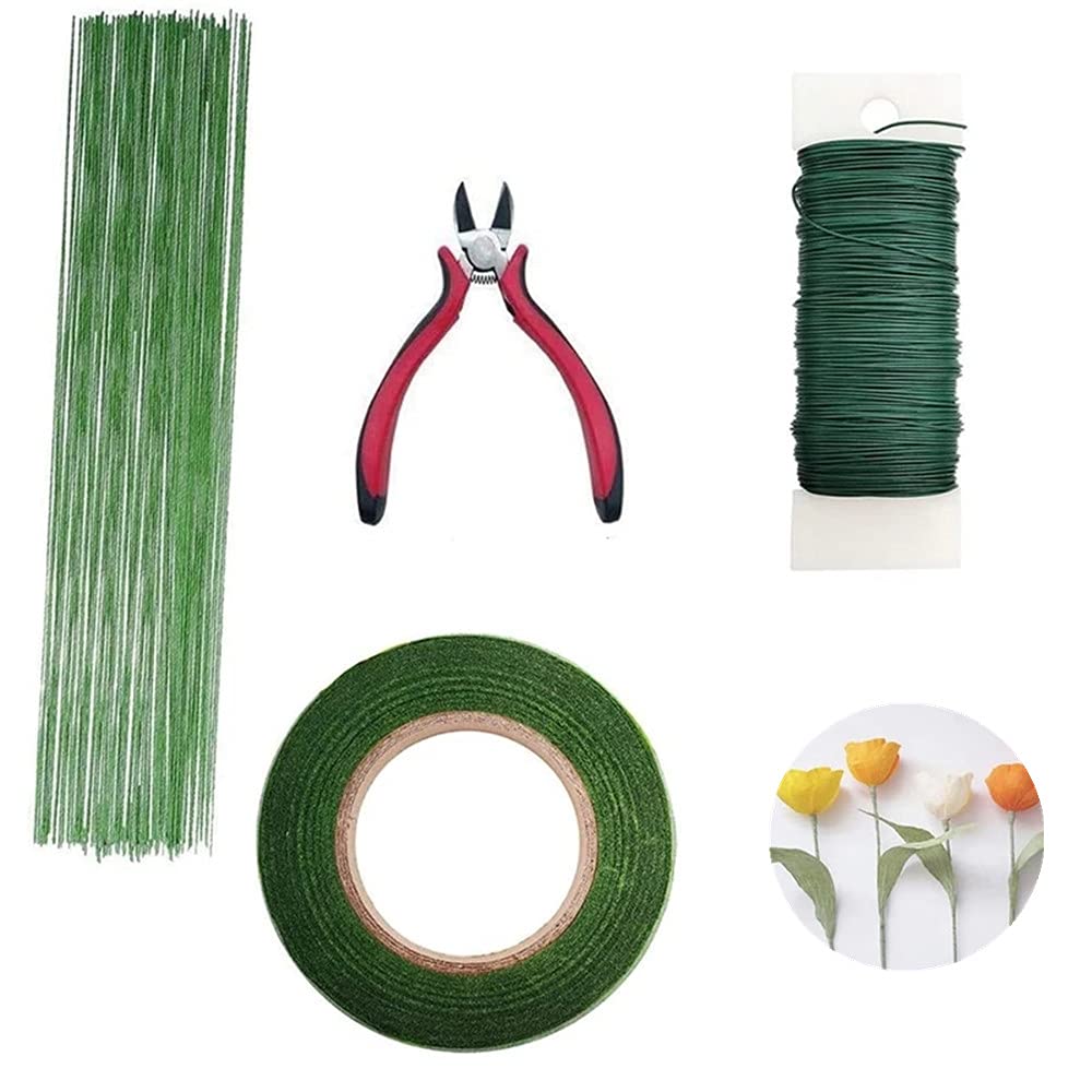 Dewocke 9 Pezzi Kit Strumento Floreale, 4 Rotoli Nastro Adesivo Floreale, 35 m Filo Floreale, 50pcs Filo a Stelo Verde Floreale, 10 m Nastro Biadesivo con Forbici, Pinze da Taglio