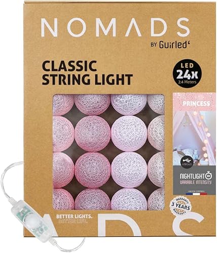 GuirLED Nomads - Guirnalda de luces LED USB - Luz de hadas - Luz nocturna de bebé 2h - Adaptador de CA incluido - 3 intensidades 24 bolas de algodón