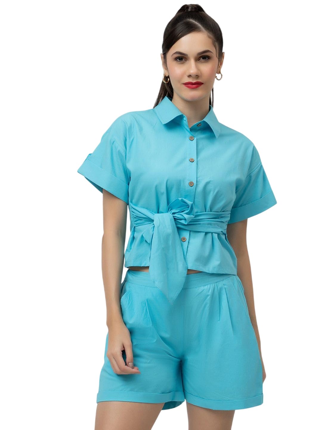 Women's Solid Shirt & Shorts Co-Ord Set | Collared Half Sleeve Button Down Shirt with High Rise Shorts-image-6