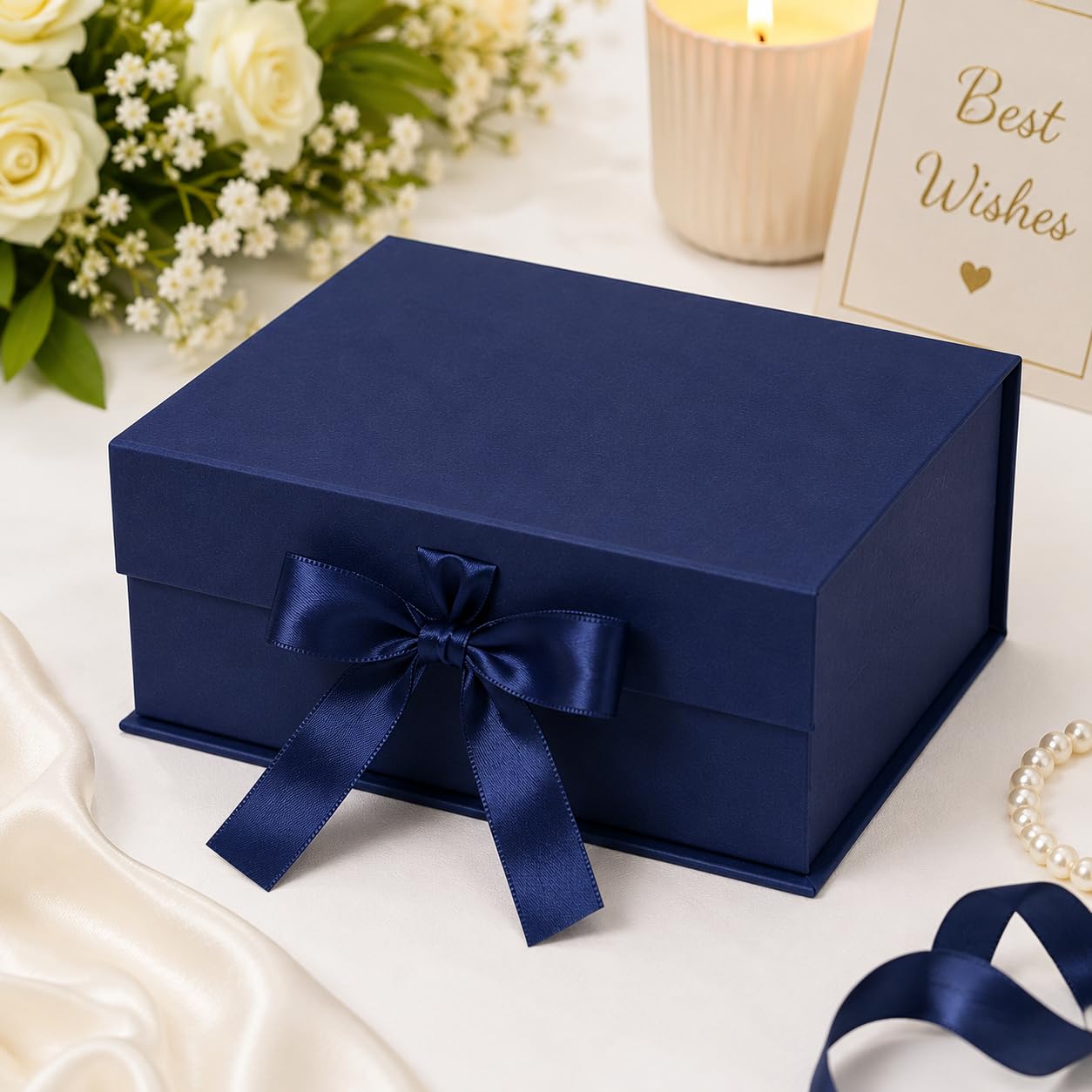 1 Piece Collapsible Magnetic Gift Box with Ribbon, Luxury Box for Packaging, Hamper Box, Foldable Gift Box for Birthday, Wedding, Return Gifts, Storage Box (25 x 20 x 10 cm) (Blue)